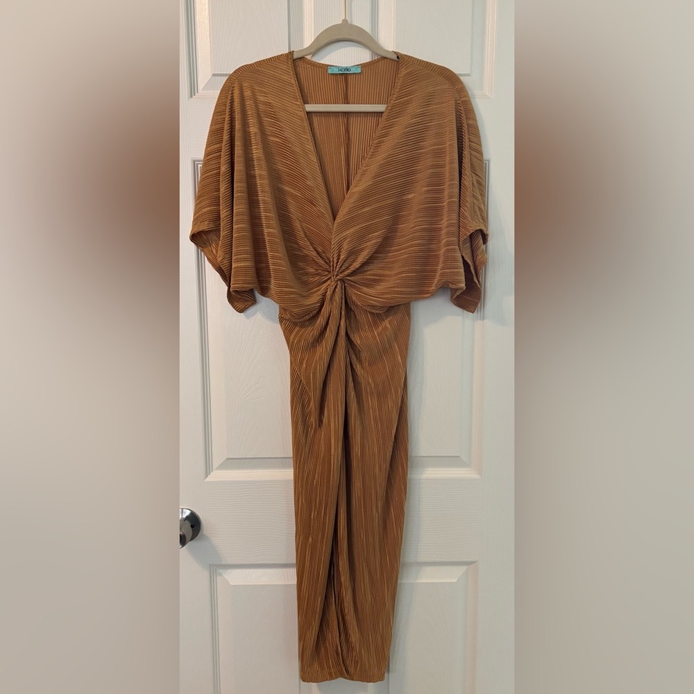 Karlie Gold Midi Plunge Neck Dress, Size Medium, Fun Cocktail, Going Out Dress
